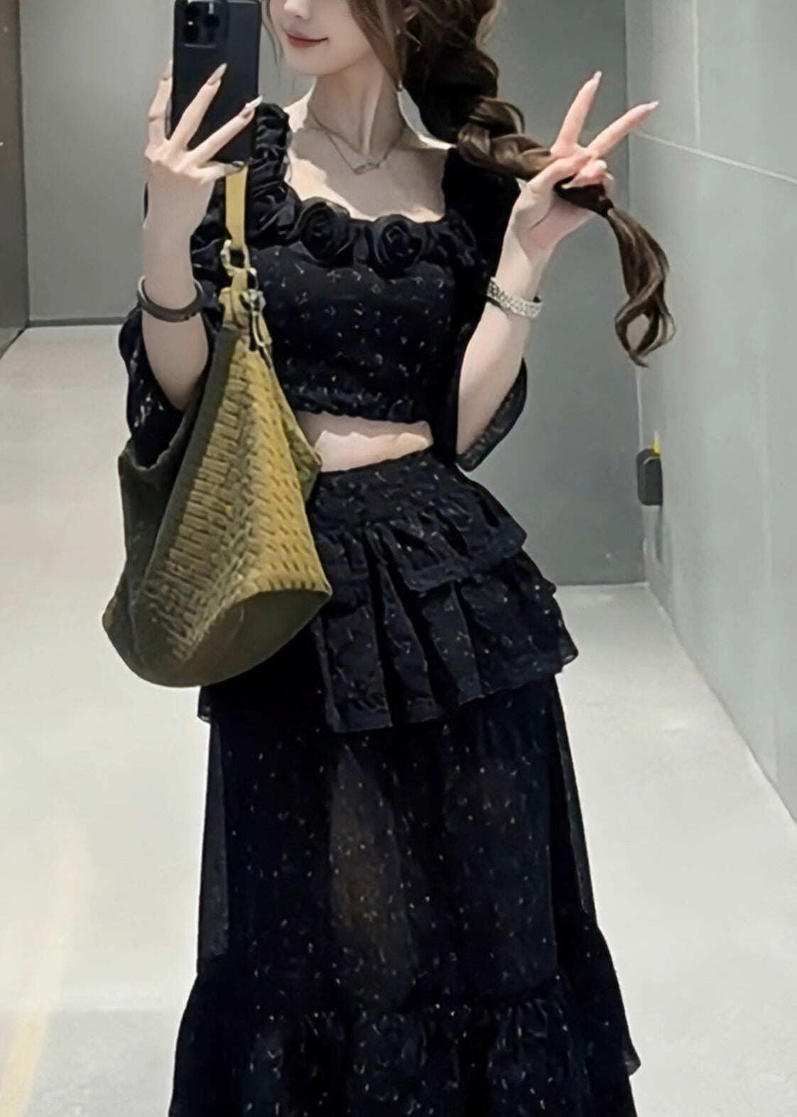 Fine Black Square Collar Floral Top And Maxi Skirts Two Pieces Set Half Sleeve