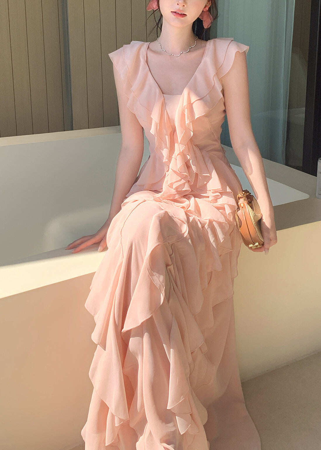 Boho Pink Ruffled Draping Chiffon Vacation Dress Summer