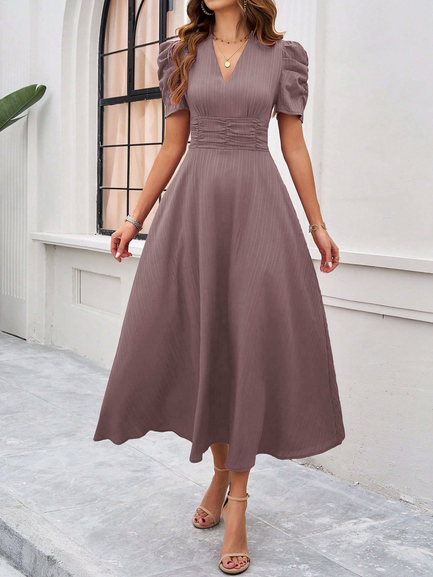 Elegant Empire Waist A Line Sleeves Vintage Mauve Wedding Guest Dress