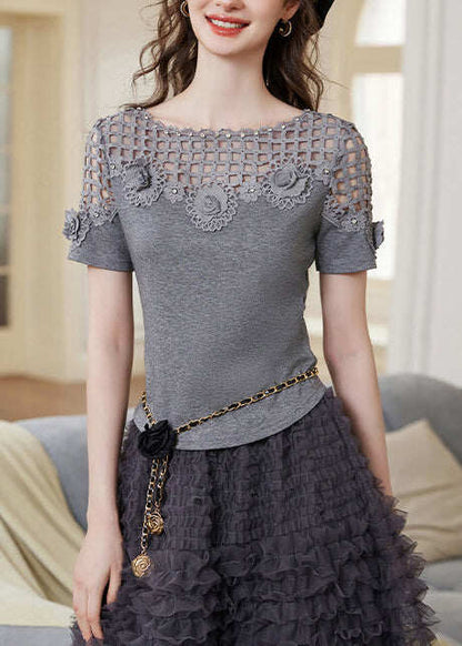 Stylish Grey Hollow Out Patchwork Flower Cotton Tank Tops Summer