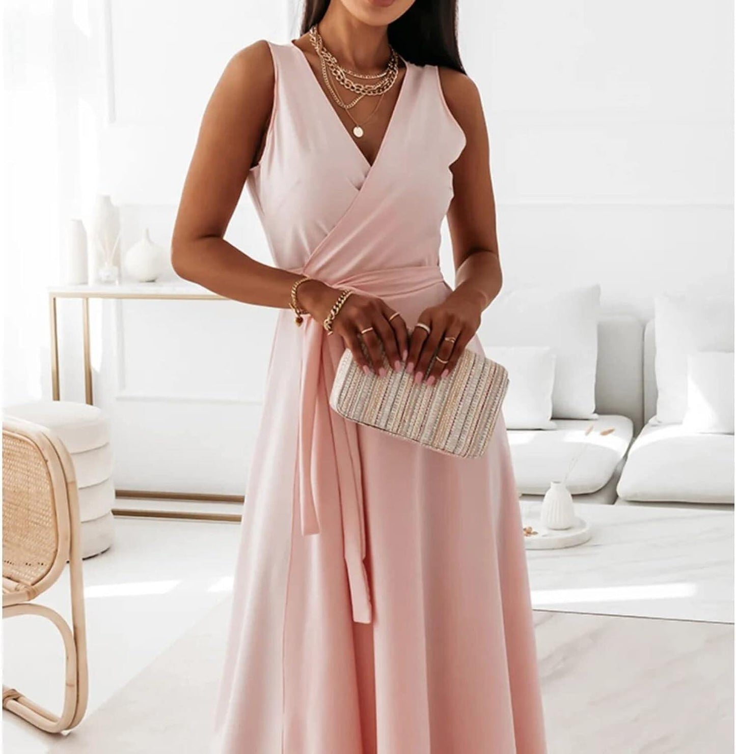 Women's Evening Dress, V-Neck, A-line Party High Waist, Long Dress, Plain Slim Sleeveless Evening Dress, Cocktail Dress, Strappy Dress, Evening Dresses, Wedding, Bridesmaid Dresses