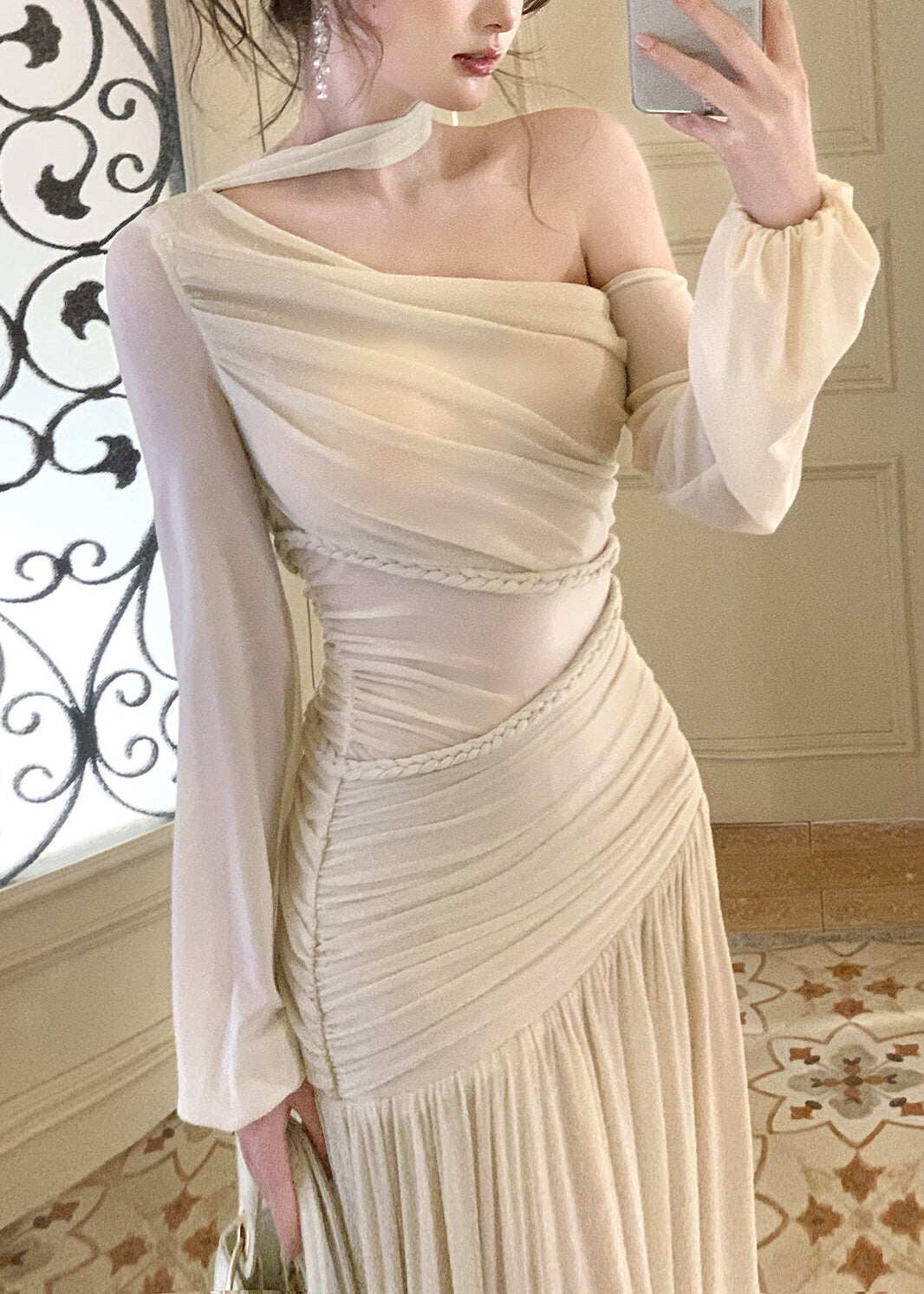 Elegant Beige One Shoulder Wrinkled Knit Party Dresses Summer