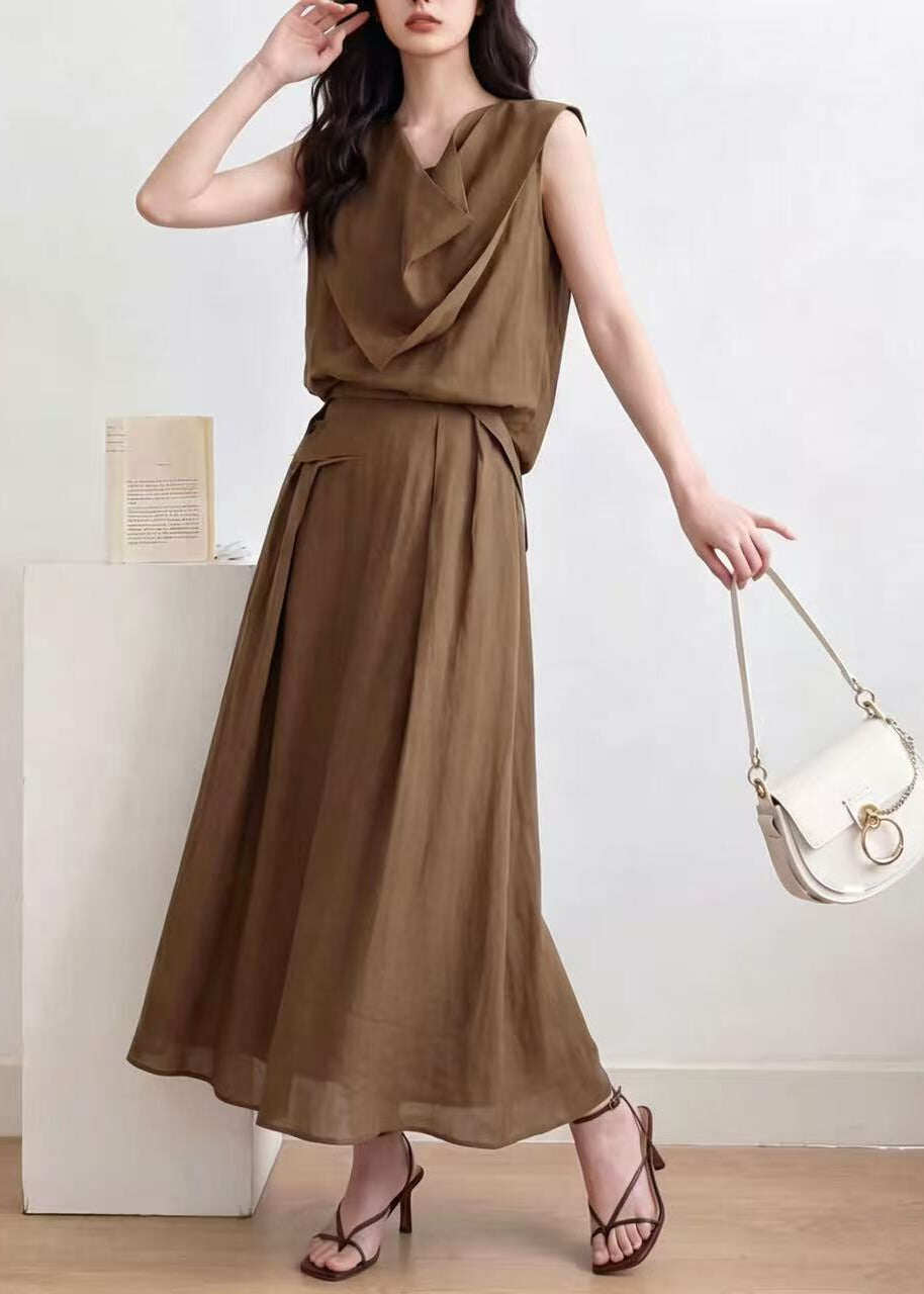 Women Brown Asymmetrical Wrinkled Cotton Two Pieces Set Sleeveless