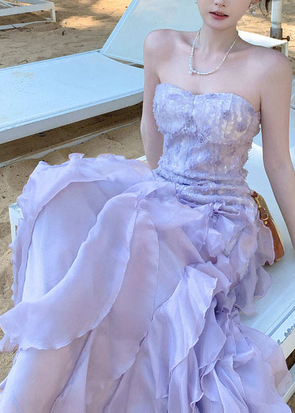 French Purple Ruffled Chiffon Strapless Dress Summer