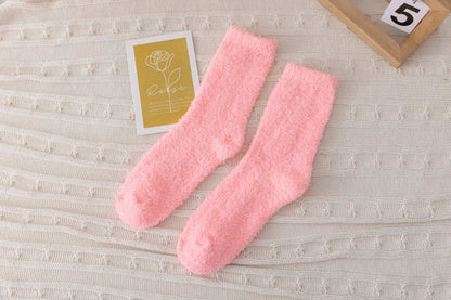 Cross-Border Non-Shedding Coral Velvet Socks For Men And Women Solid Color Half Velvet Socks Mid-Tube Plus Velvet Warm Sleep Floor Socks