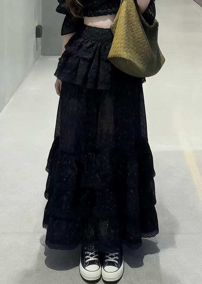 Fine Black Square Collar Floral Top And Maxi Skirts Two Pieces Set Half Sleeve