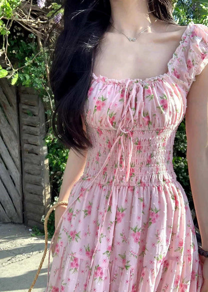Cute Pink Square Collar Print Elastic Waist Maxi Dress Summer
