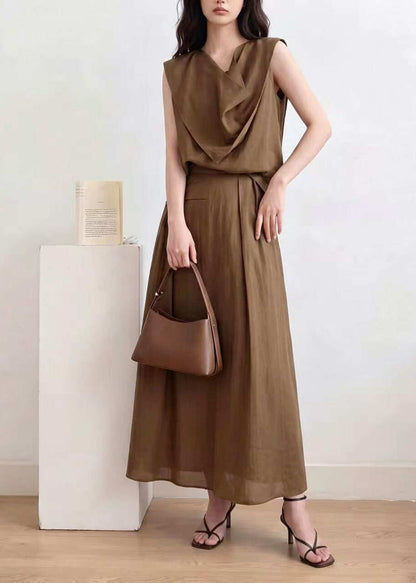 Women Brown Asymmetrical Wrinkled Cotton Two Pieces Set Sleeveless