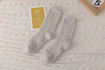 Cross-Border Non-Shedding Coral Velvet Socks For Men And Women Solid Color Half Velvet Socks Mid-Tube Plus Velvet Warm Sleep Floor Socks
