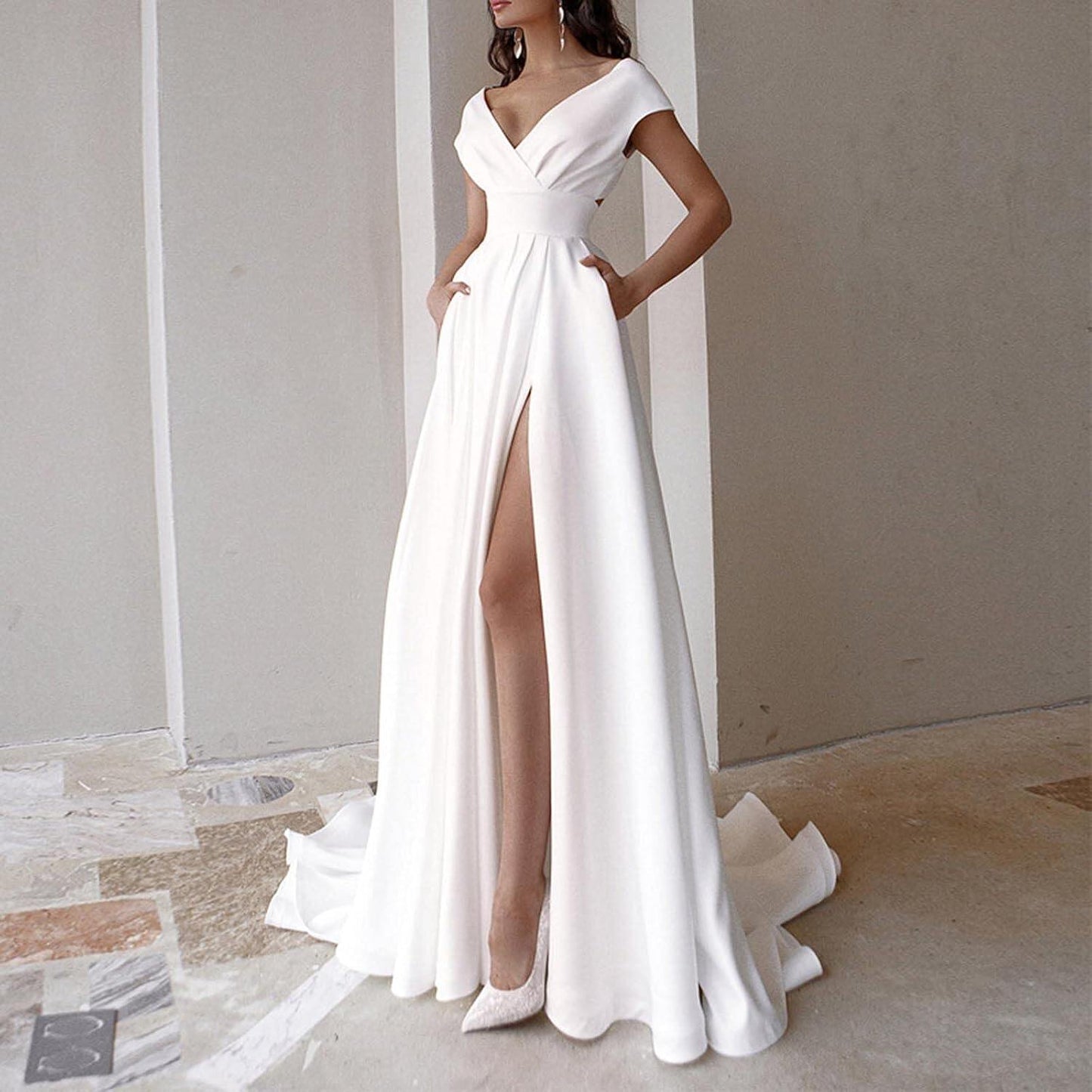 White Women's Formal Dresses for Wedding Guest Sexy V Neck Backless High Split Elegant Semi Party Prom Evening Gowns
