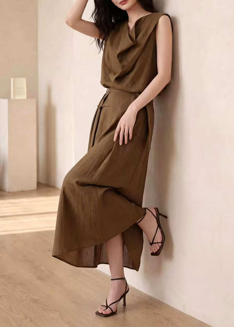 Women Brown Asymmetrical Wrinkled Cotton Two Pieces Set Sleeveless