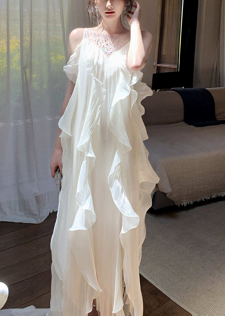 Fitted White Ruffled Patchwork Rhinestone Chiffon Long Dresses Summer