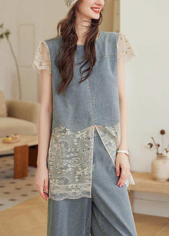 Unique Grey Oversized Patchwork Lace Two Pieces Set Summer