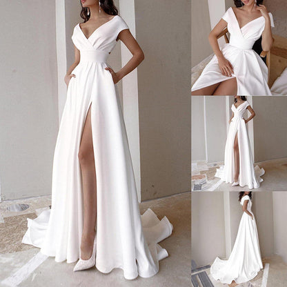 White Women's Formal Dresses for Wedding Guest Sexy V Neck Backless High Split Elegant Semi Party Prom Evening Gowns
