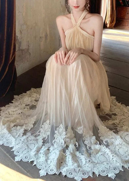 Women Nude Halter Lace Patchwork Tulle Two Pieces Set Summer