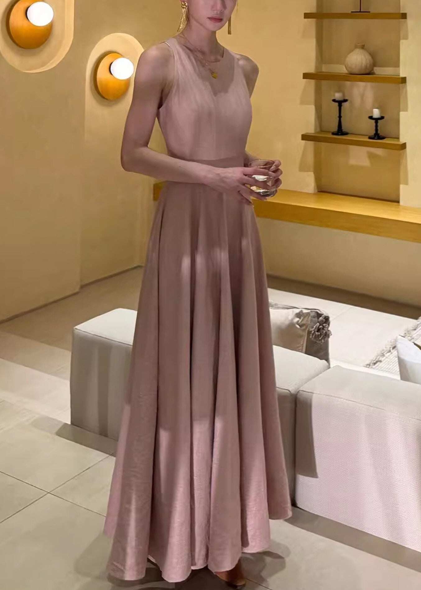 Beautiful Pink O-Neck Flattering Solid Long Dresses Summer
