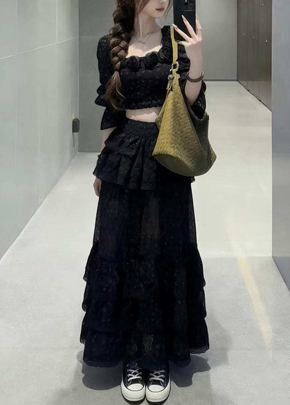 Fine Black Square Collar Floral Top And Maxi Skirts Two Pieces Set Half Sleeve