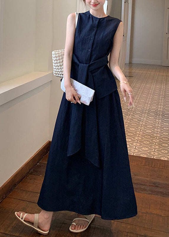 Women Navy Tie Waist Shirts And Maxi Skirts Two Piece Set Summer