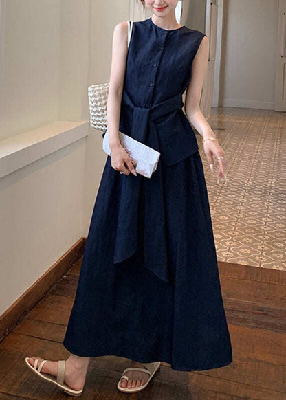 Women Navy Tie Waist Shirts And Maxi Skirts Two Piece Set Summer