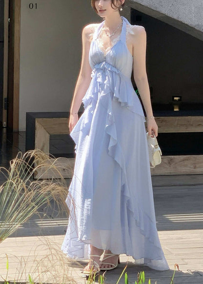 Fitted Blue Ruffled Exra Large Hem Cotton Halter Holiday Dresses Summer