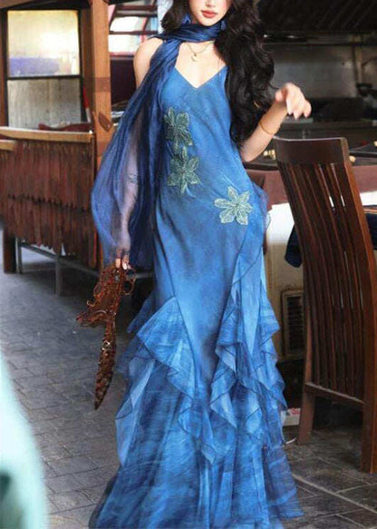 Slim Fit Blue Print Ruffled Tulle Long Spaghetti Strap Dress Summer