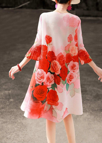 Art Red O-Neck Print Button Maxi Shirts Dresses Lantern Sleeve