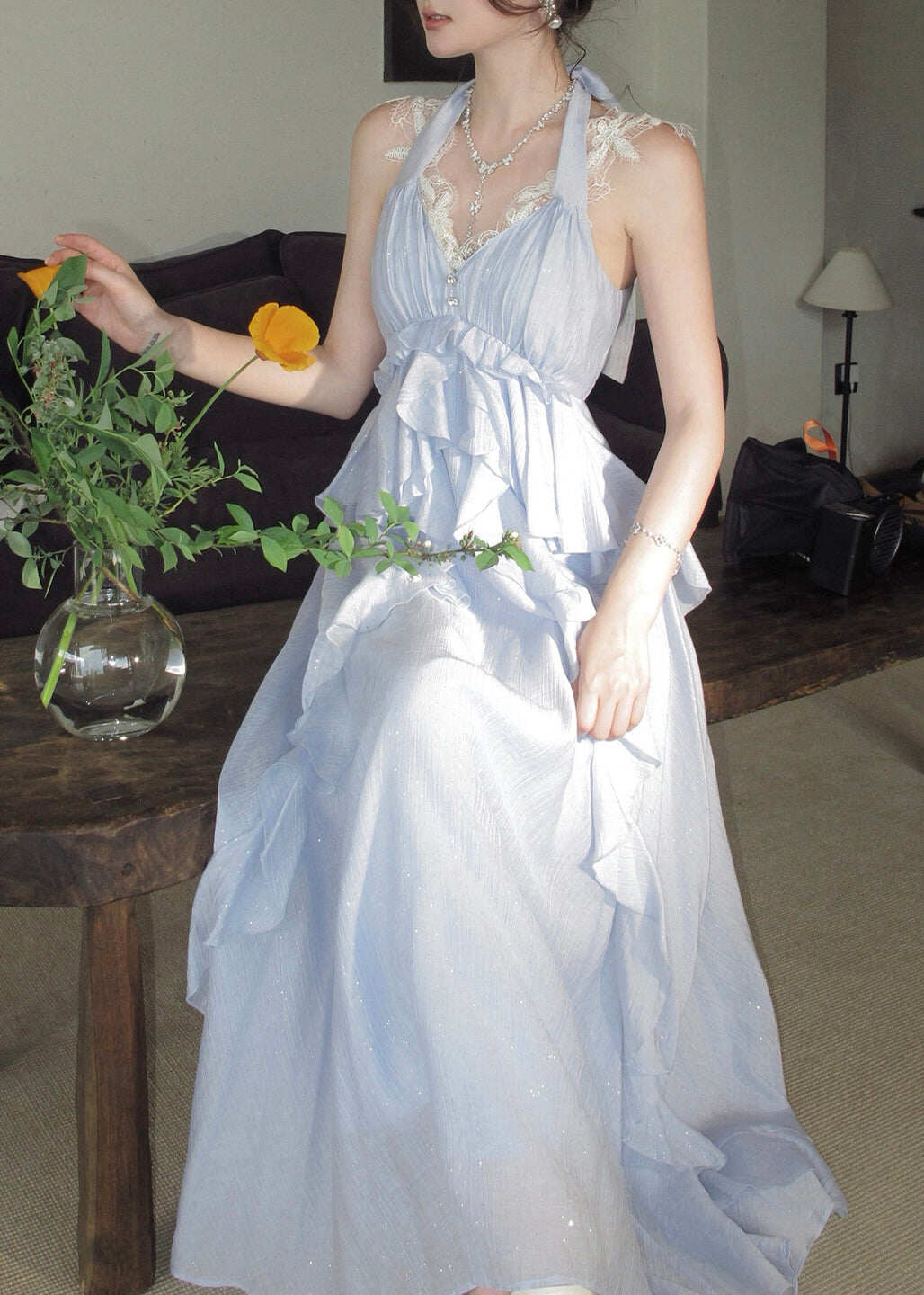 Fitted Blue Ruffled Exra Large Hem Cotton Halter Holiday Dresses Summer