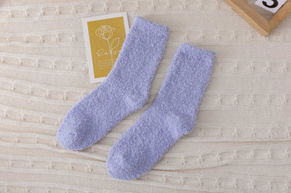 Cross-Border Non-Shedding Coral Velvet Socks For Men And Women Solid Color Half Velvet Socks Mid-Tube Plus Velvet Warm Sleep Floor Socks