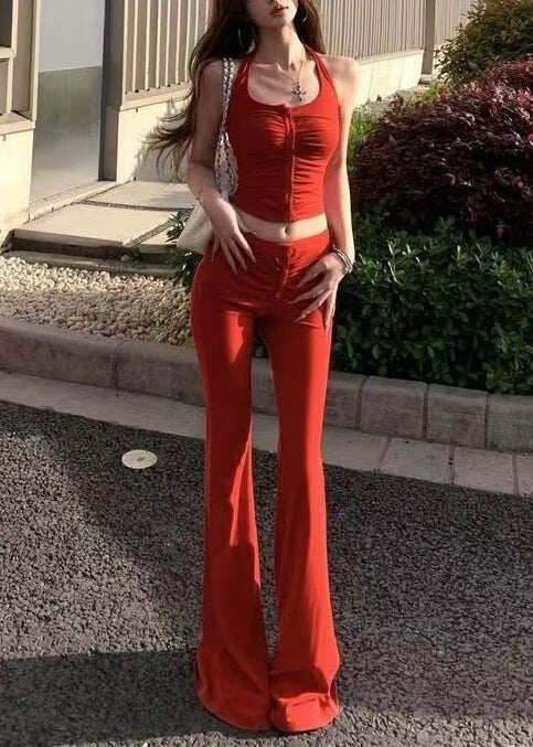 Classy Red U Neck Wrinkled Cotton Women Sets 2 Pieces Summer