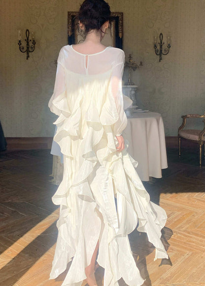 Handmade White Sequins Slash Neck Chiffon Dresses Summer