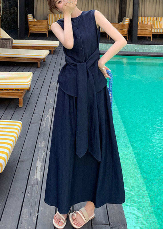 Women Navy Tie Waist Shirts And Maxi Skirts Two Piece Set Summer