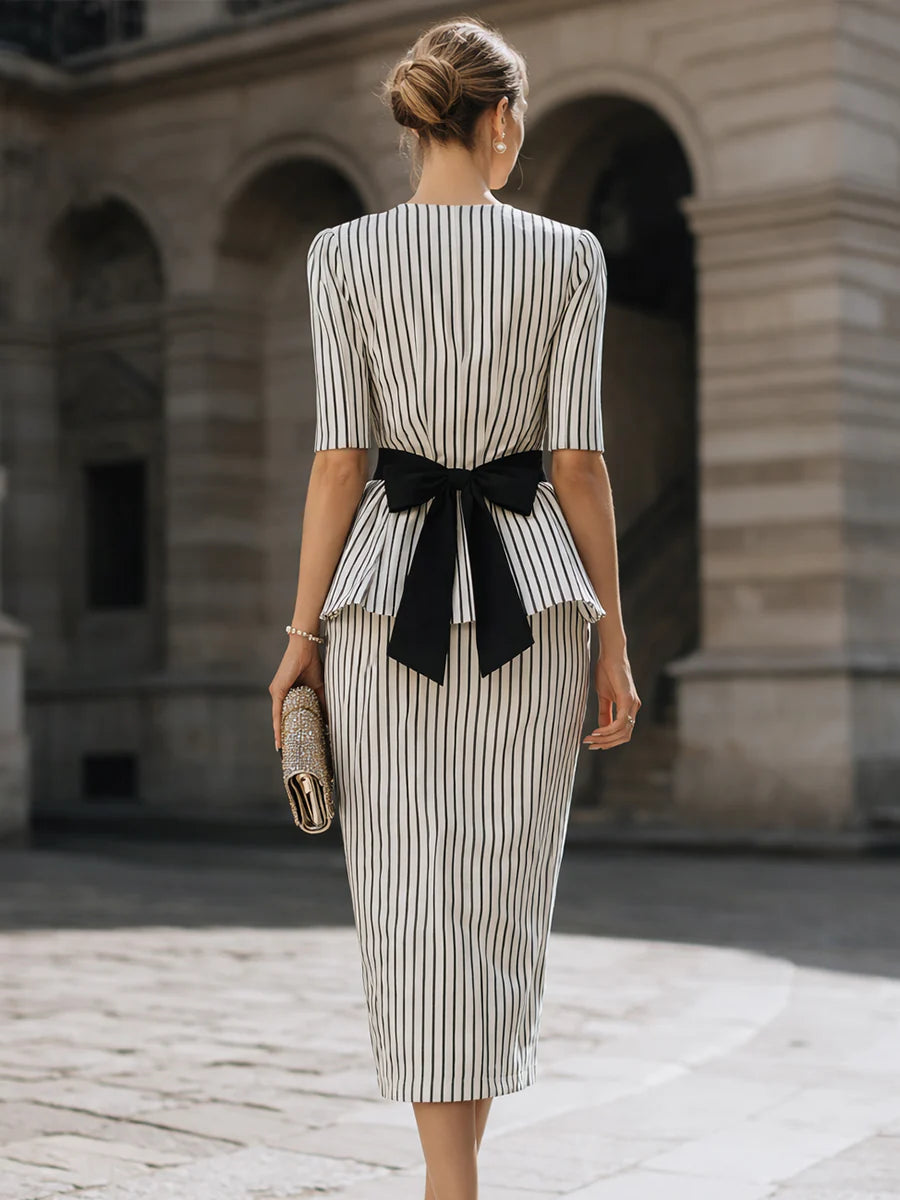 Striped Peplum Top And Pencil Skirt Set