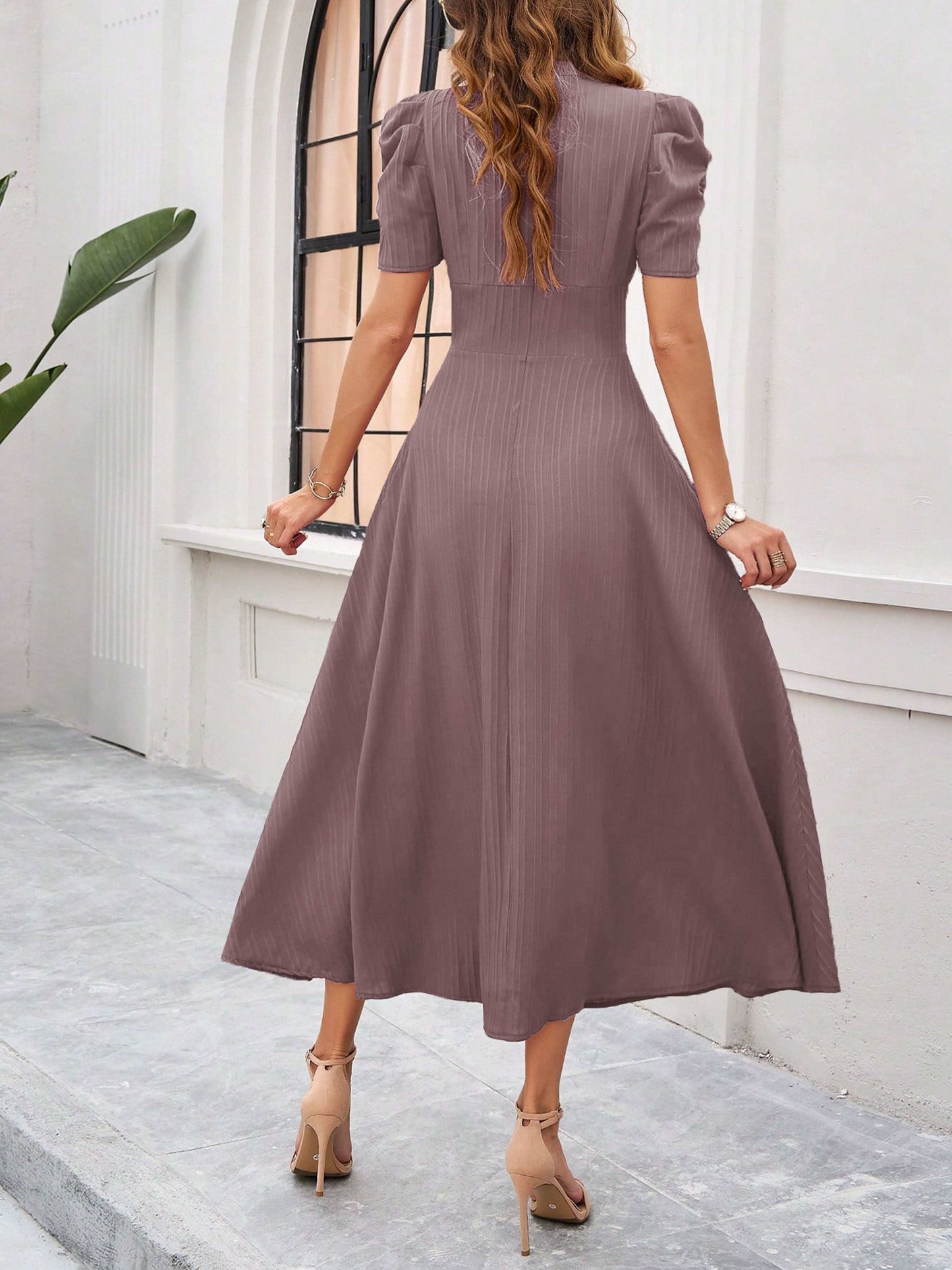 Elegant Empire Waist A Line Sleeves Vintage Mauve Wedding Guest Dress