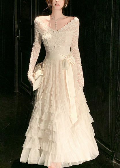 Women White V Neck Patchwork Lace Vacation Dresses Summer
