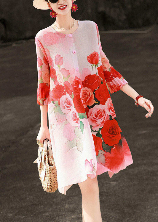 Art Red O-Neck Print Button Maxi Shirts Dresses Lantern Sleeve