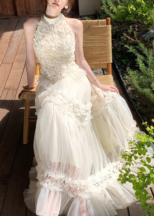 Boho White Cold Shoulder Floral Tulle Party Dress Summer