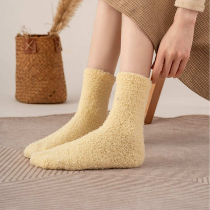 Cross-Border Non-Shedding Coral Velvet Socks For Men And Women Solid Color Half Velvet Socks Mid-Tube Plus Velvet Warm Sleep Floor Socks