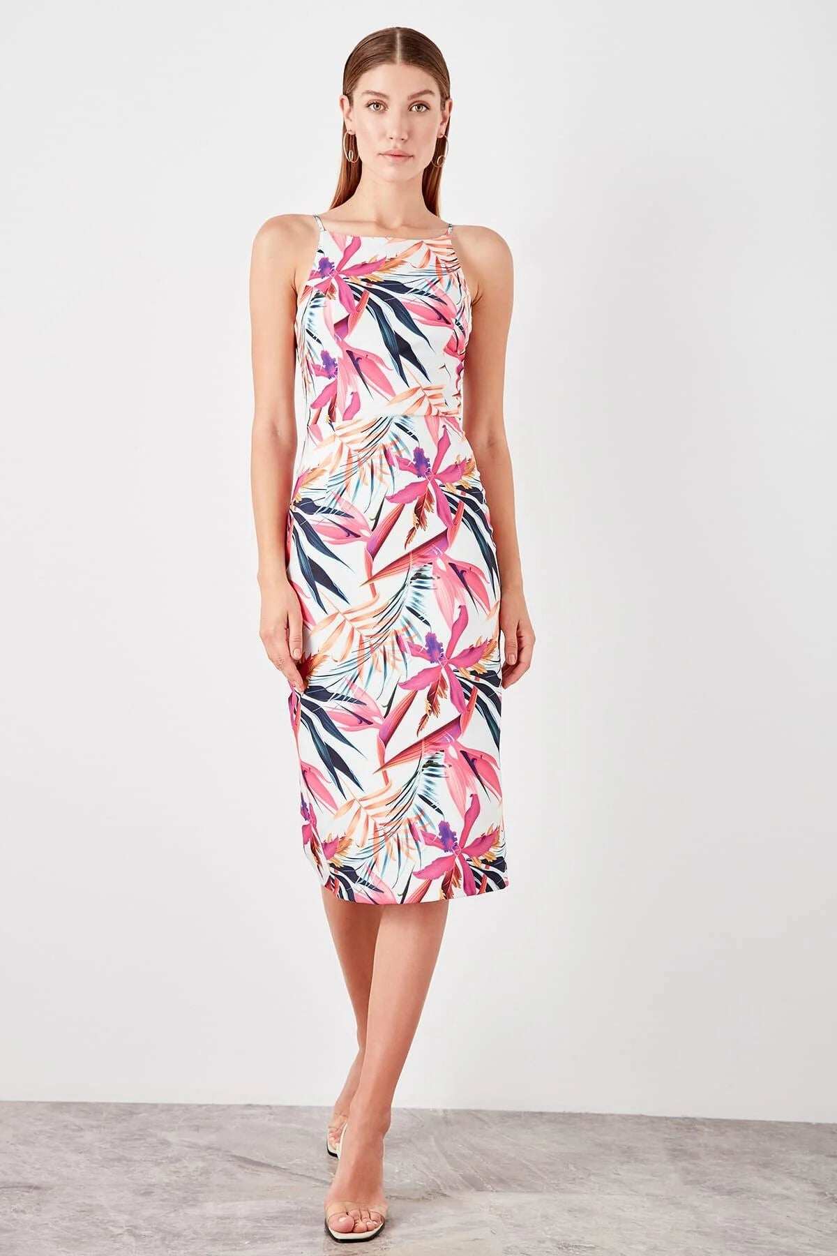 Tropical Print Bodycon Midi Dress