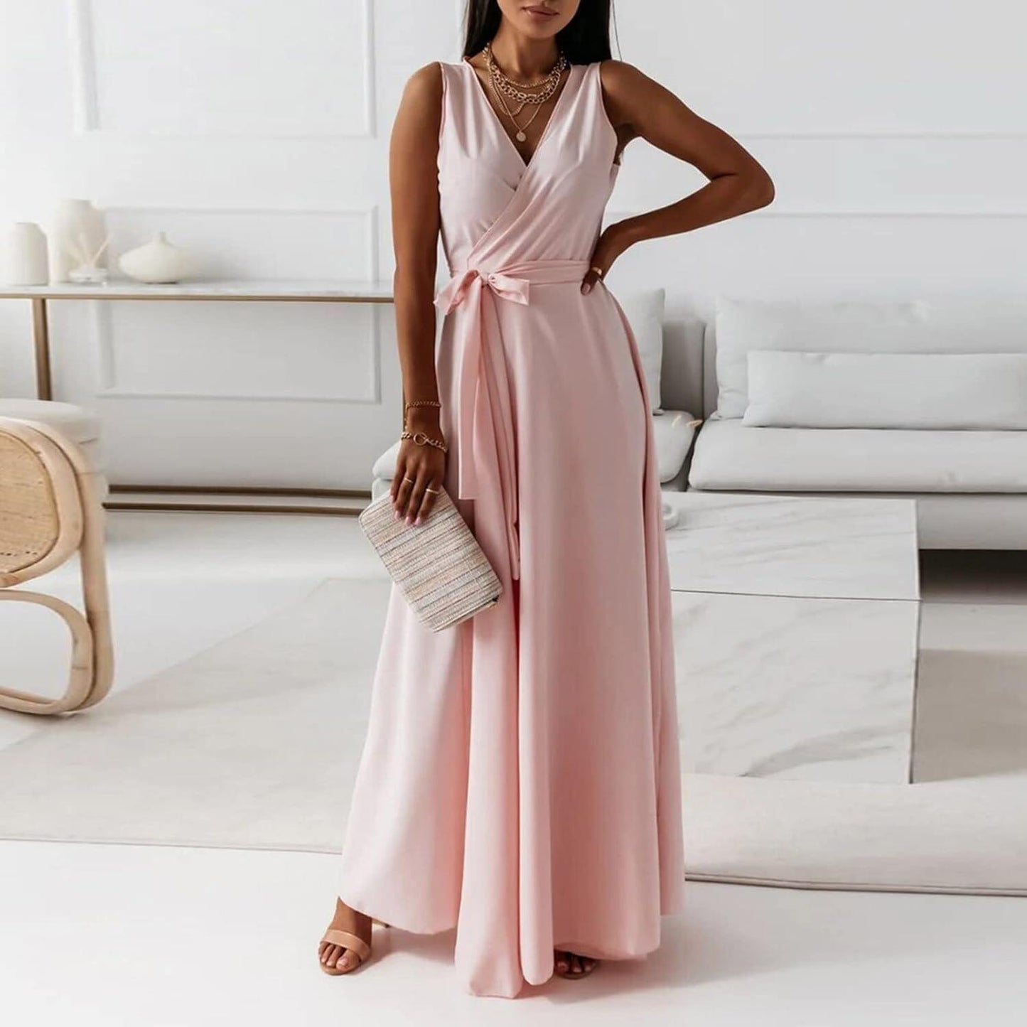 Women's Evening Dress, V-Neck, A-line Party High Waist, Long Dress, Plain Slim Sleeveless Evening Dress, Cocktail Dress, Strappy Dress, Evening Dresses, Wedding, Bridesmaid Dresses
