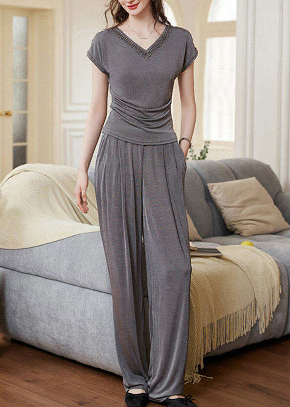 Boutique Grey V Neck Nail Bead Cotton 2 Piece Outfit Summer