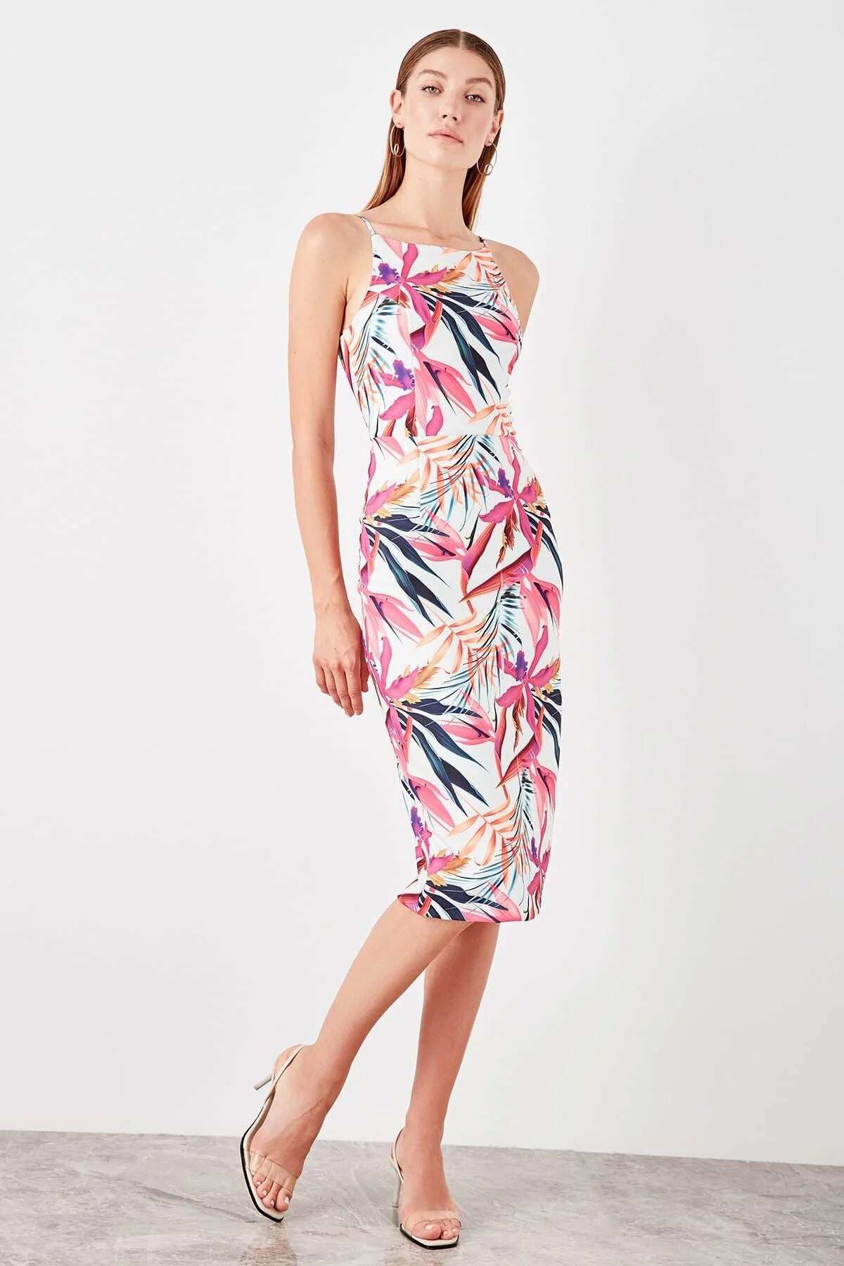 Tropical Print Bodycon Midi Dress