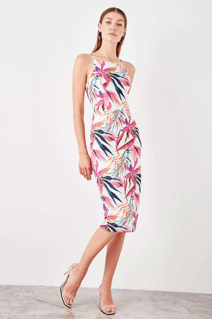 Tropical Print Bodycon Midi Dress