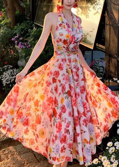 Style Pink Print Exra Large Hem Chiffon Halter Beach Dress Summer