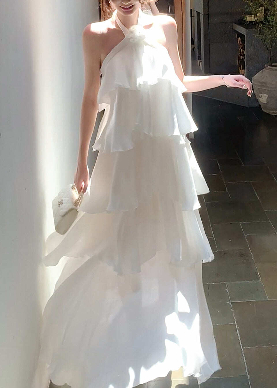 Italian White Ruffled Cold Shoulder Chiffon Halter Dress Summer