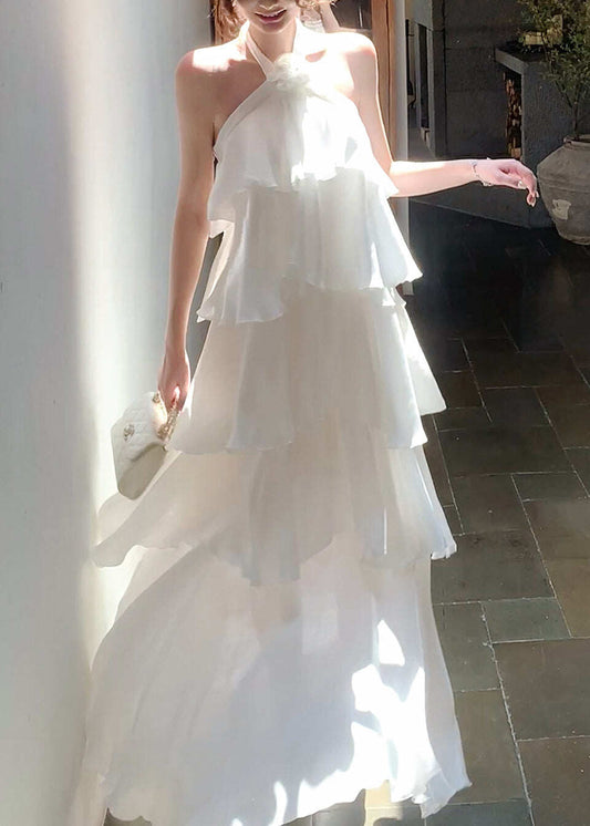 Italian White Ruffled Cold Shoulder Chiffon Halter Dress Summer