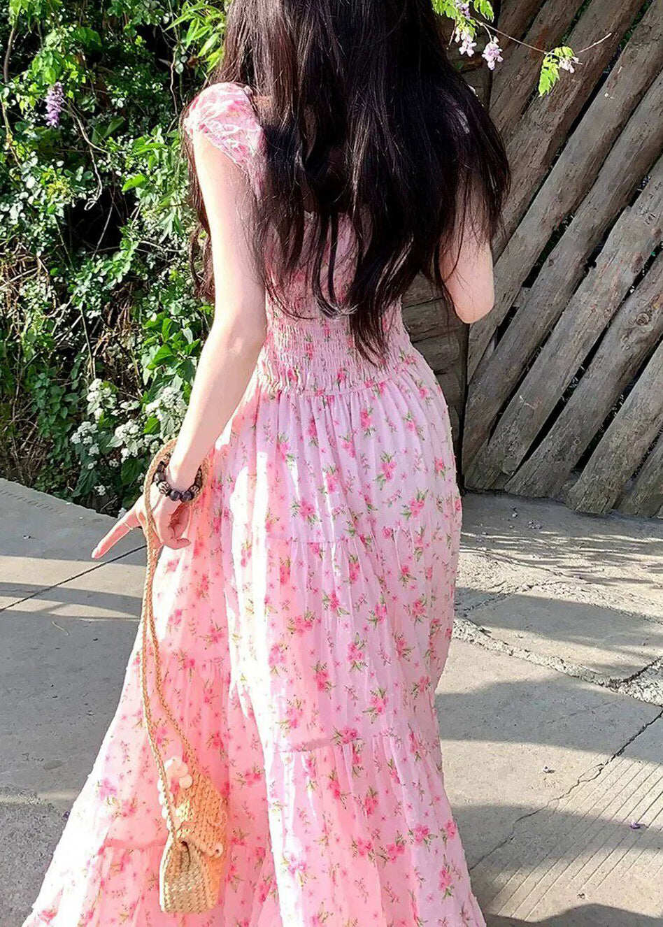 Cute Pink Square Collar Print Elastic Waist Maxi Dress Summer