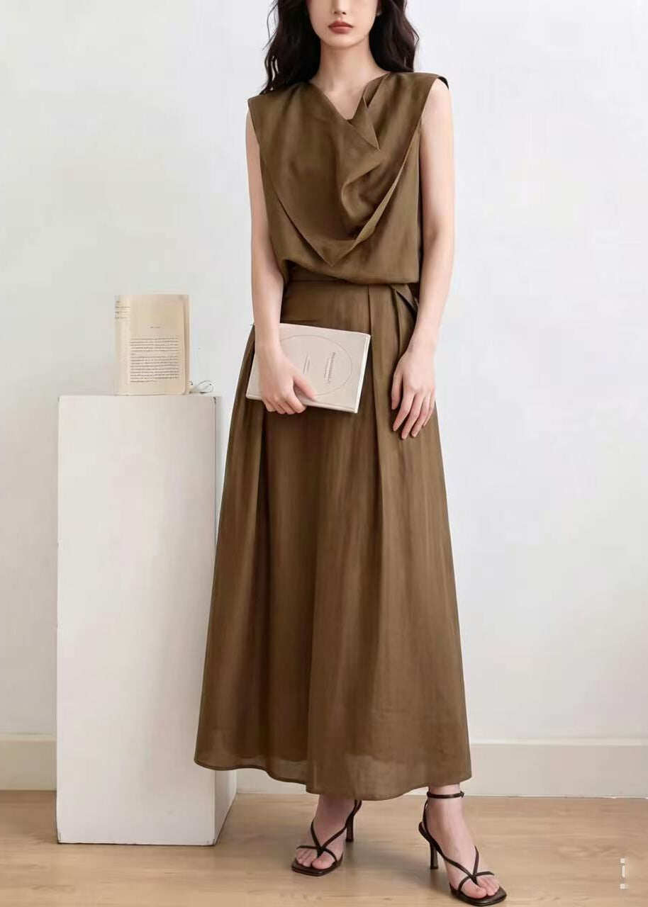 Women Brown Asymmetrical Wrinkled Cotton Two Pieces Set Sleeveless